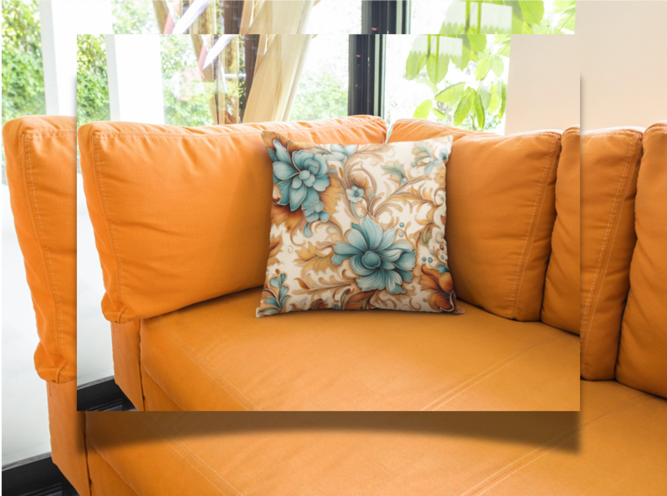 Couch Pillowcase - Floral Pattern with Blue, Orange, and Yellow Flowers on Beige Background