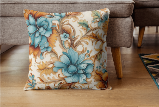 Couch Pillowcase - Floral Pattern with Blue, Orange, and Yellow Flowers on Beige Background